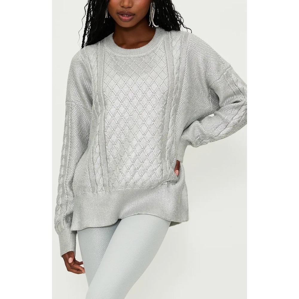 Beach Riot Cable Knit Crewneck Sweater Oversized Coated Metallic Silver XL